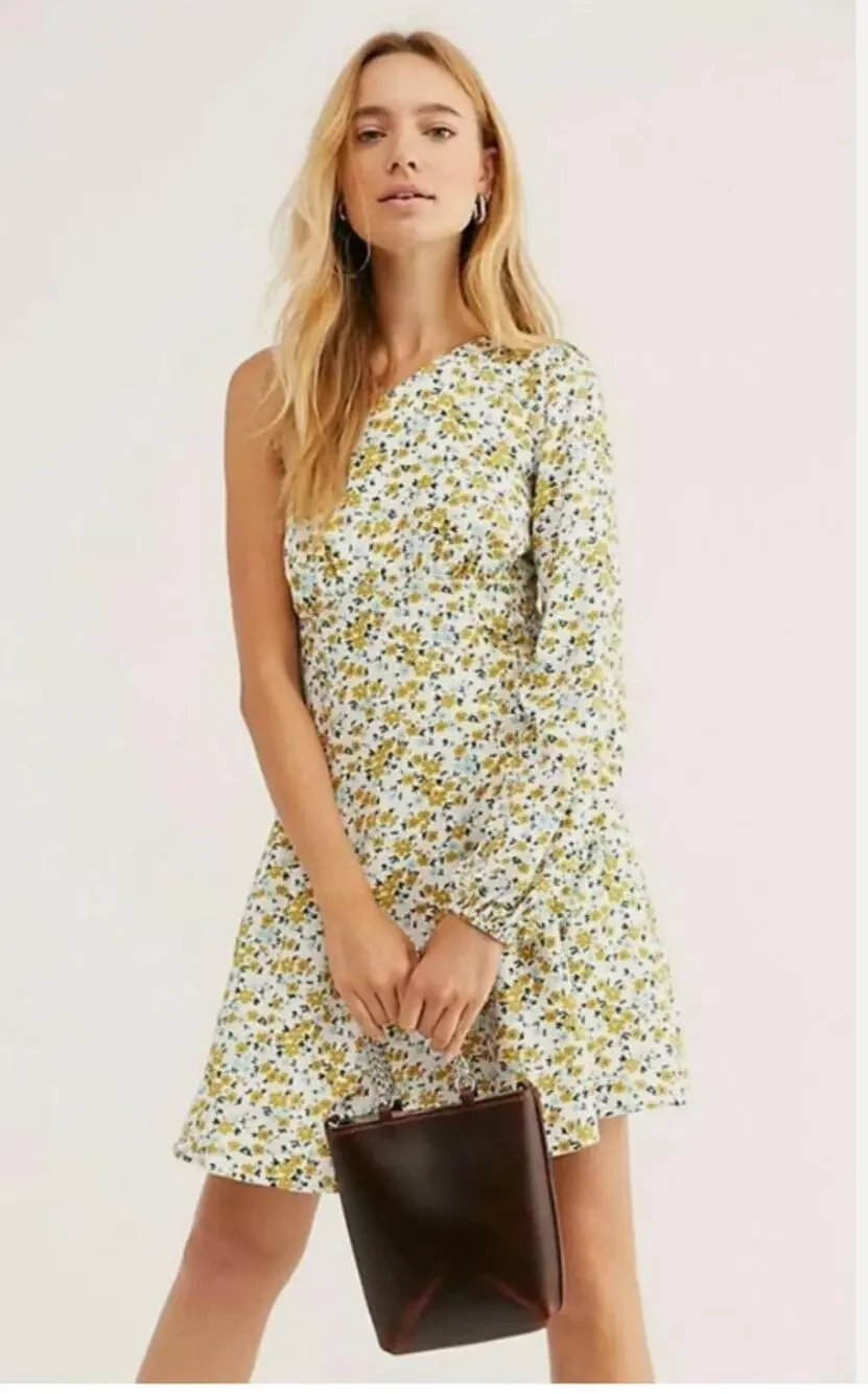 Free People Jules Ditzy Floral One Shoulder Mini Dress Size 8 USA Made NWT